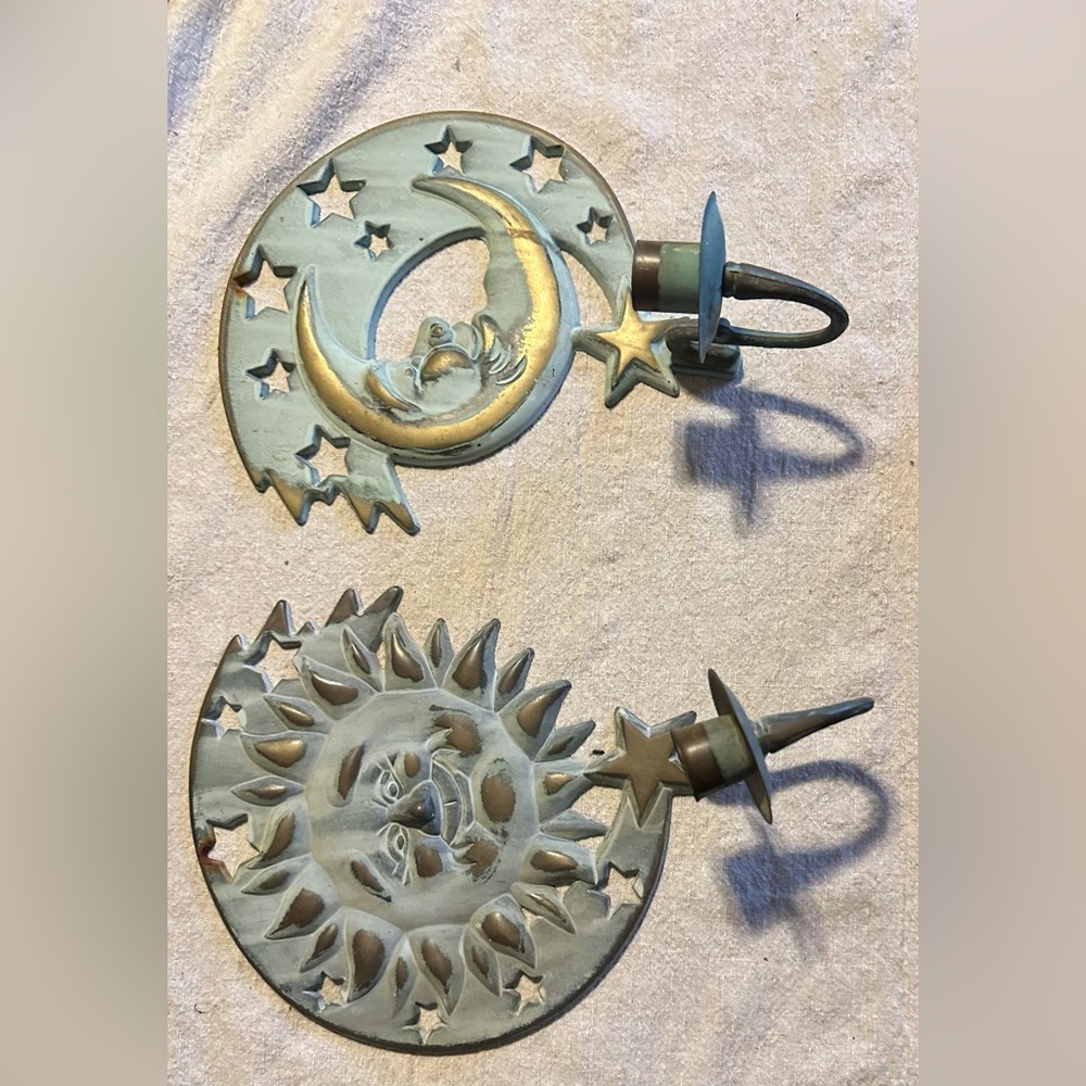 Set of 2 - Partylite patina sun and moon candle holders wall decor